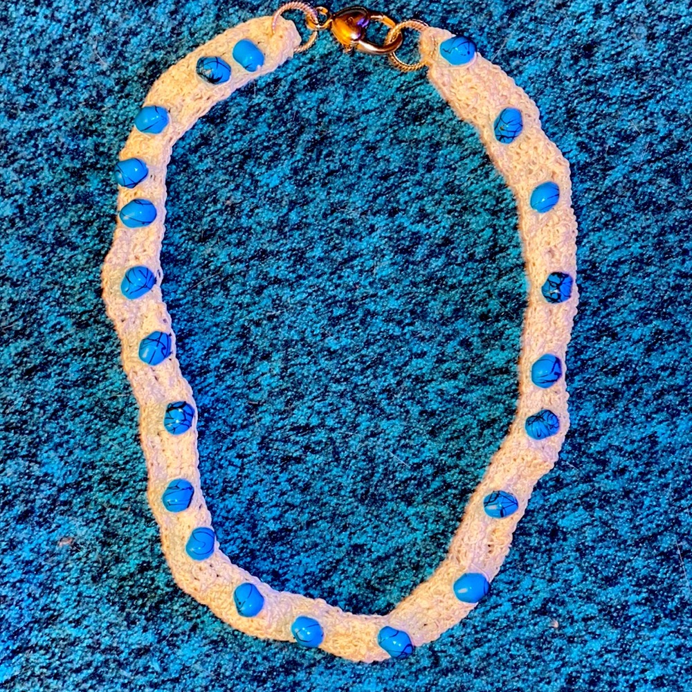 Vintage beautiful handmade crochet semiprecious turquoise beaded necklace.